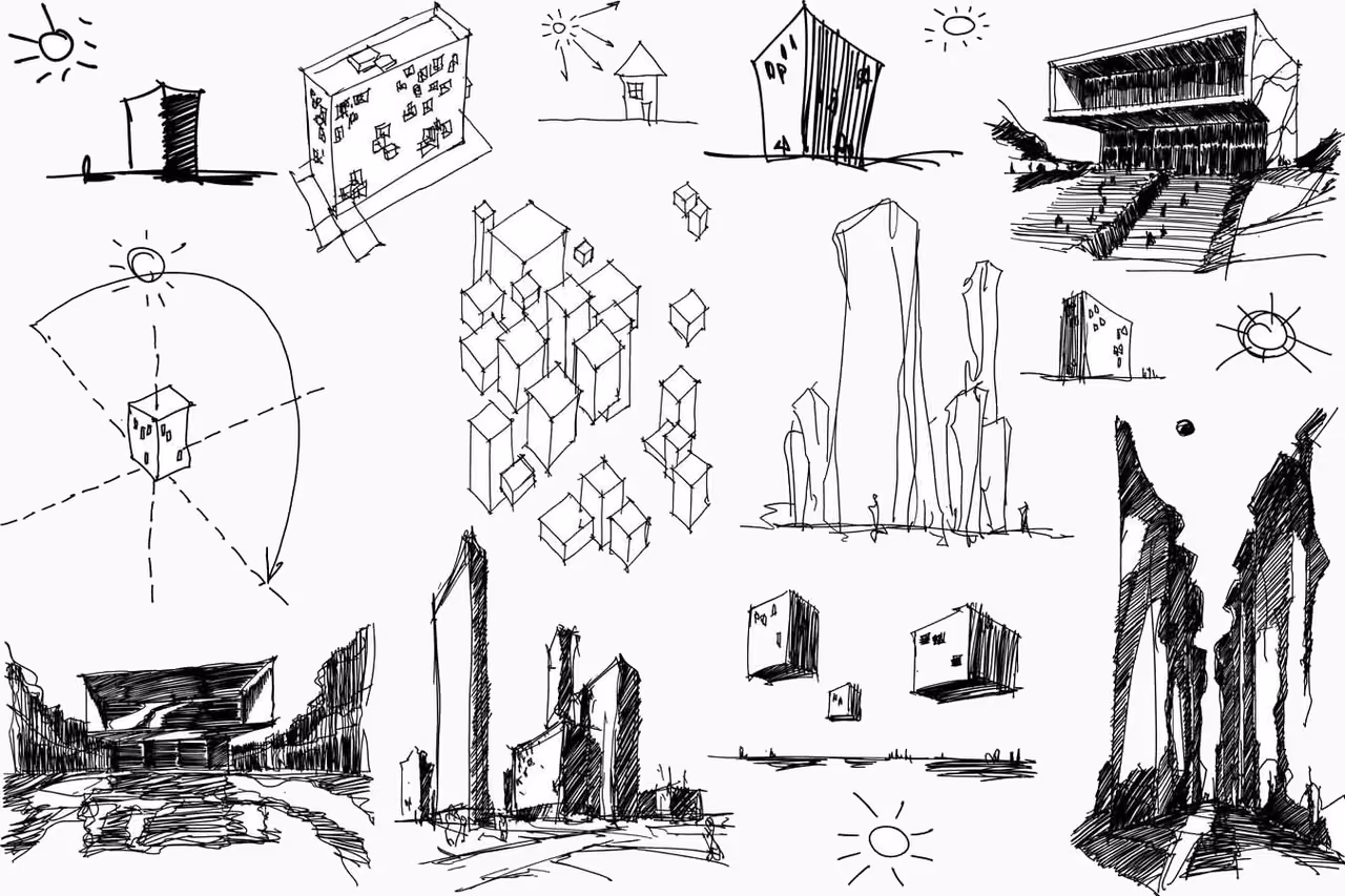 Hand sketches of buildings and massing studies