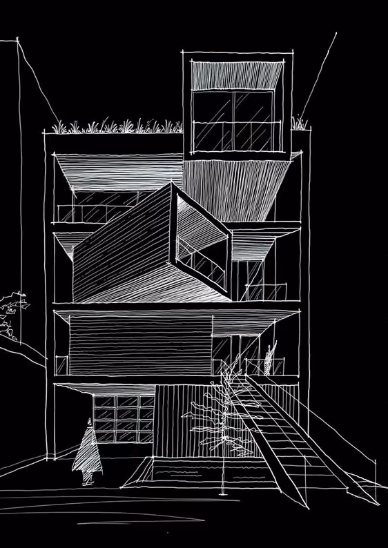 Line sketch of a multi-storey building facade
