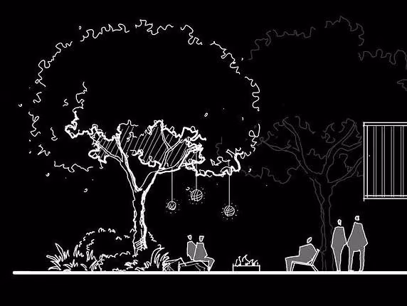 Line sketch of a garden with a large tree and people